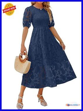 Short Puff Sleeve Smocked Floral Lace Flowy A-Line Tiered Maxi Dress